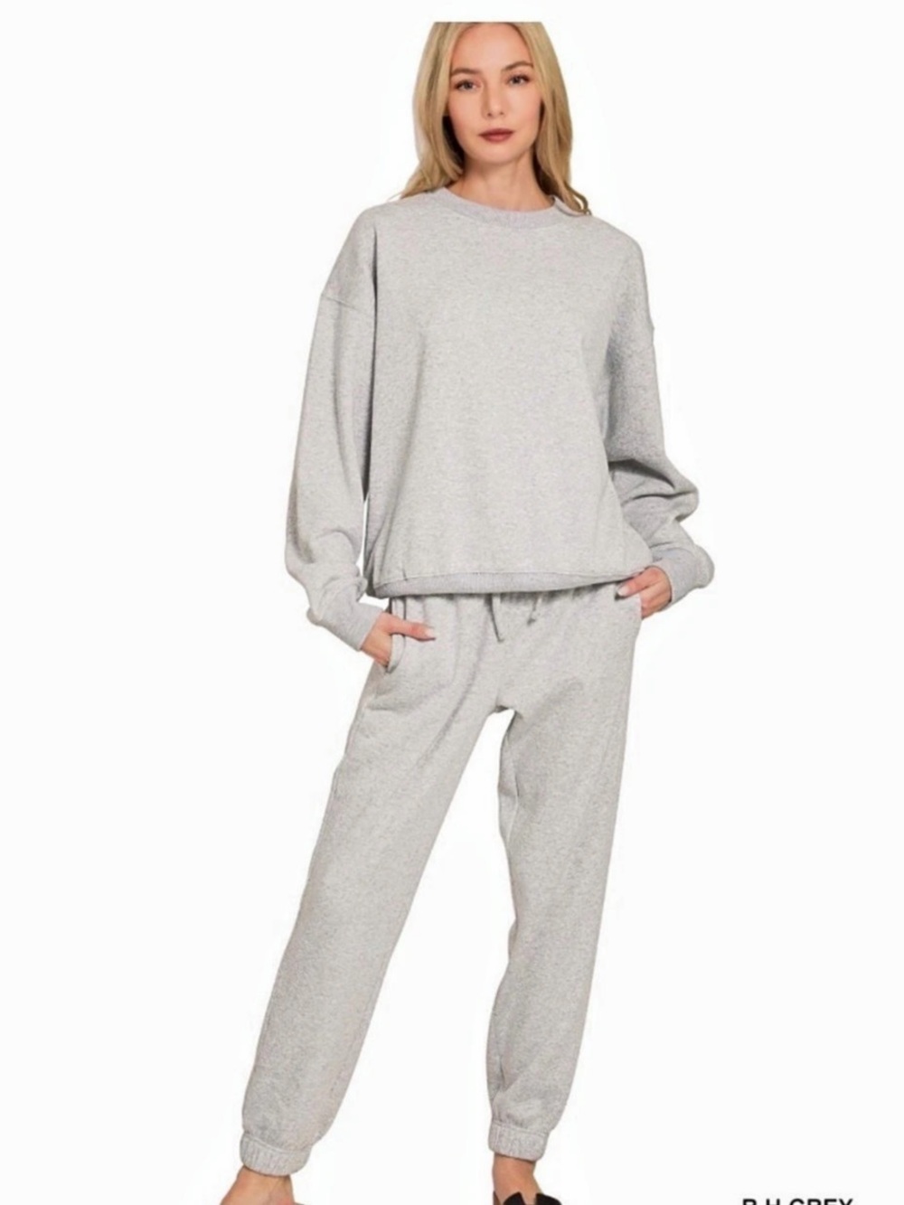 Zenana Fleece Long Sleeve Sweatshirt & Sweatpants Set HEATHER GRAY